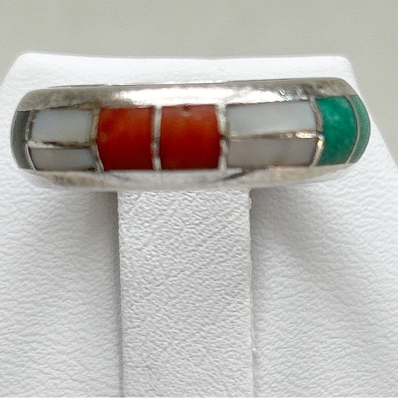 Southwestern Signed Turquoise Coral Onyx Mother Pearl Inlay Sterling Silver Ring - Picture 1 of 15